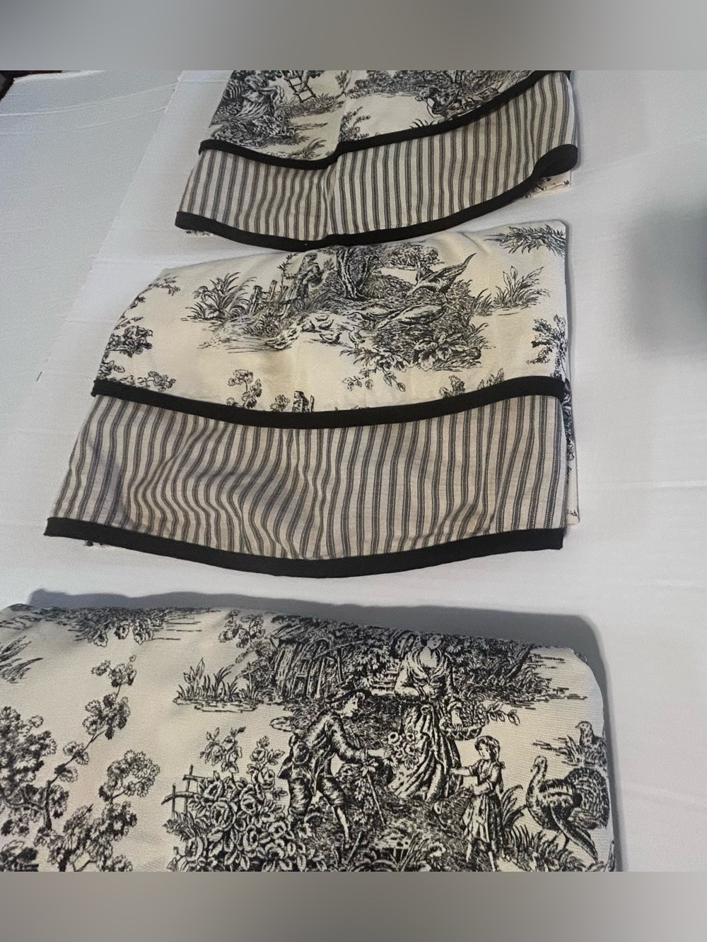 3 Waverly Garden Room valences toile black & cream scalloped striped edge